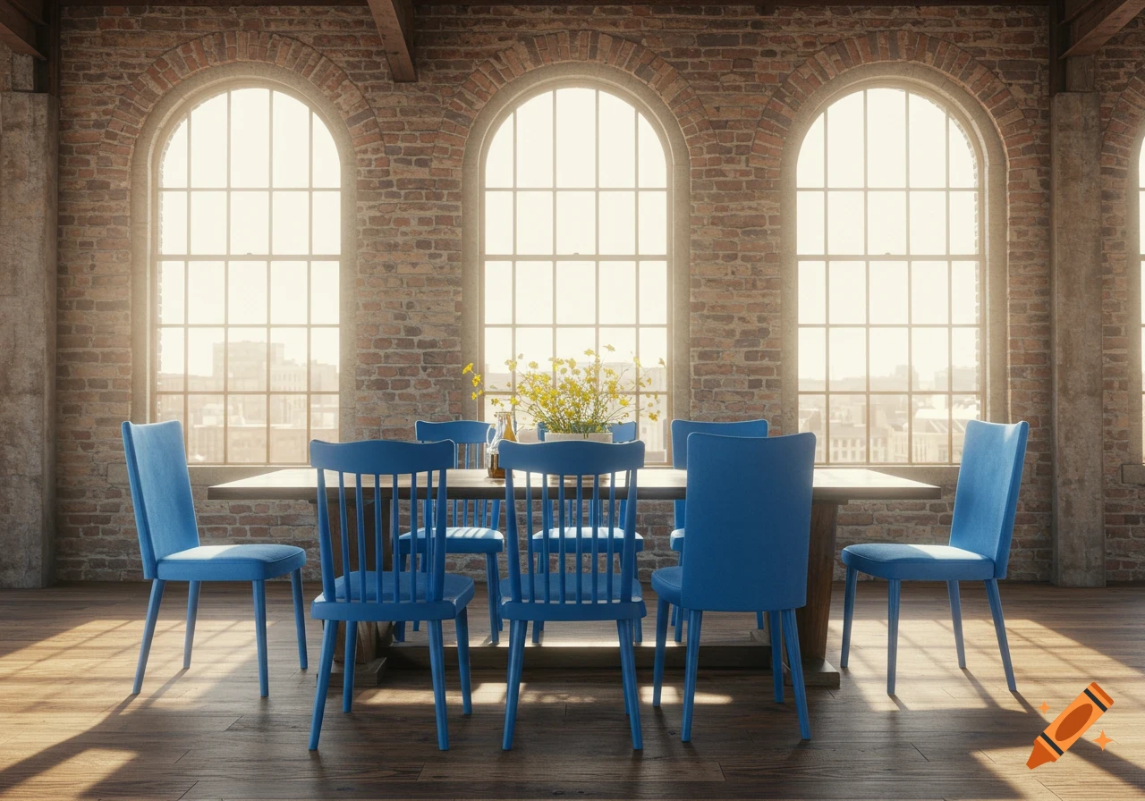 A dining room with a wooden table, blue chairs, brick walls, and arched windows overlooking a sunlit city.