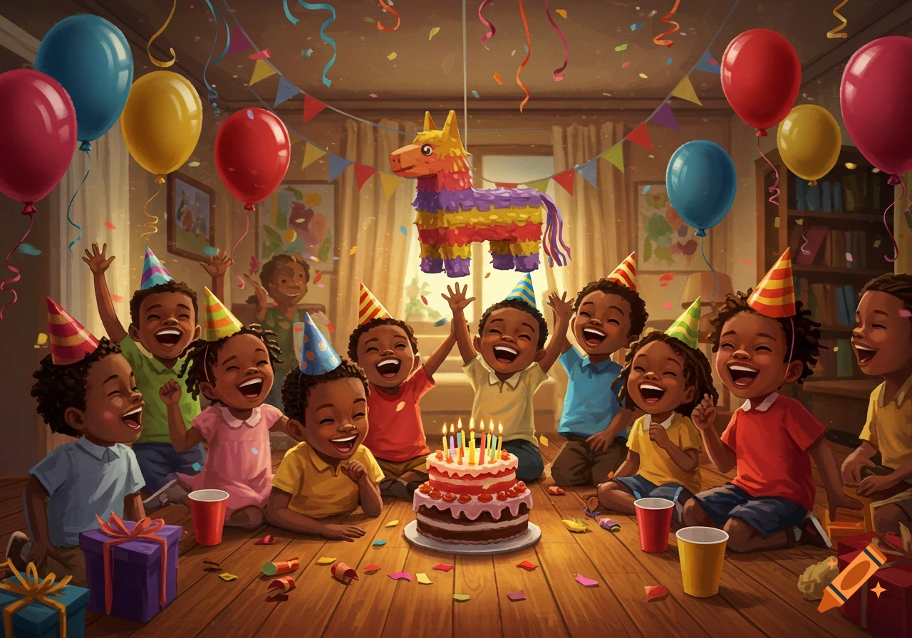 Happy Black children celebrating a birthday indoors with cake, candles, balloons, and a pi tilde, surrounded by presents.