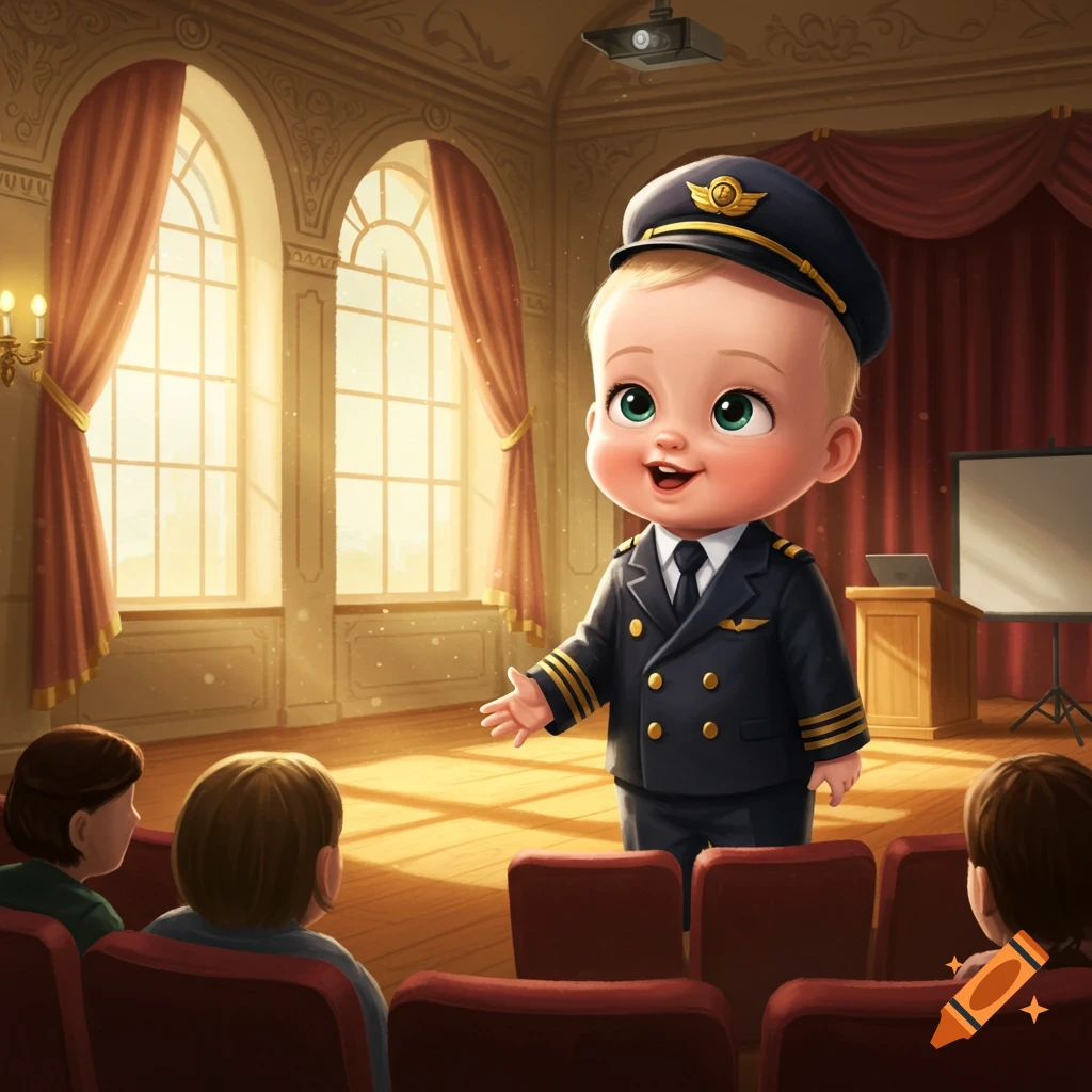 Cartoon baby pilot giving a speech to an audience of children in a grand hall.