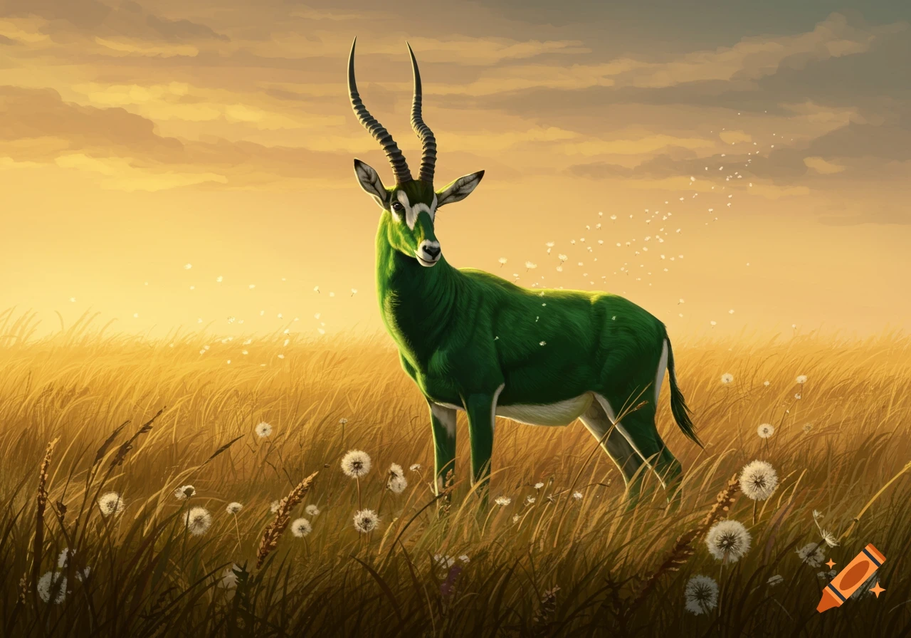 A stylized green antelope stands in a golden field filled with dandelions under a warm, cloudy sky.