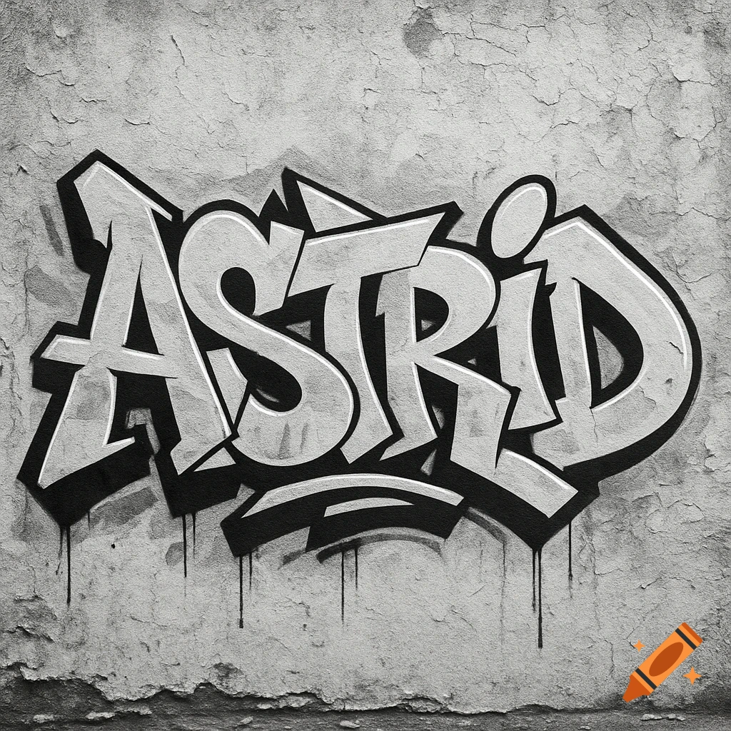Black and white graffiti spelling 'ASTRID' on a textured, cracked wall.