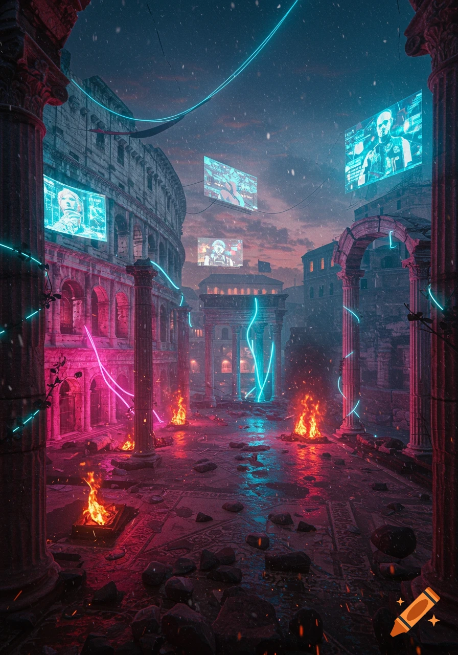 Cyberpunk Roman ruins at dusk with neon lights, holographic screens, fires on a wet street, and falling snow.