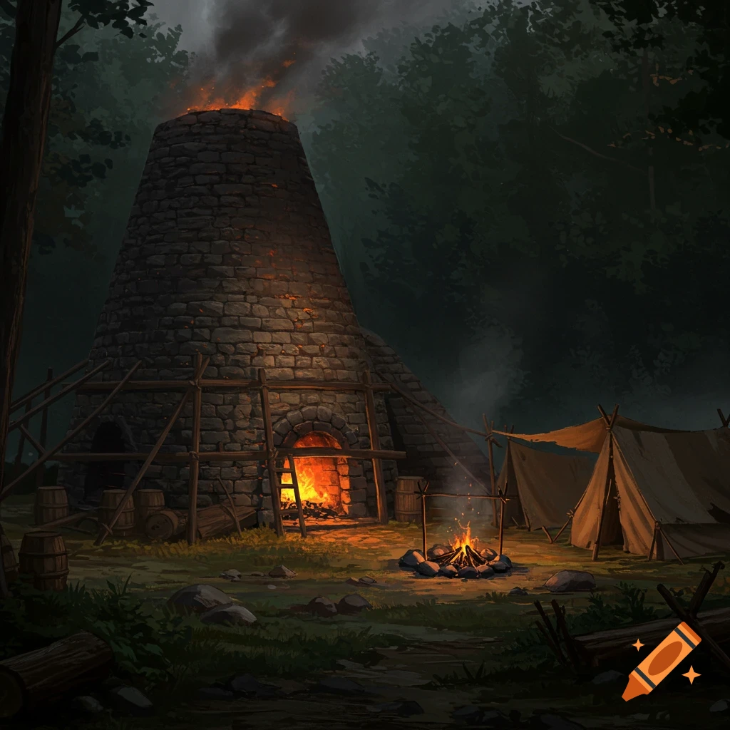 An illustration of a large stone medieval charcoal kiln emitting smoke and fire, with a small camp and campfire next to it in a dark forest.