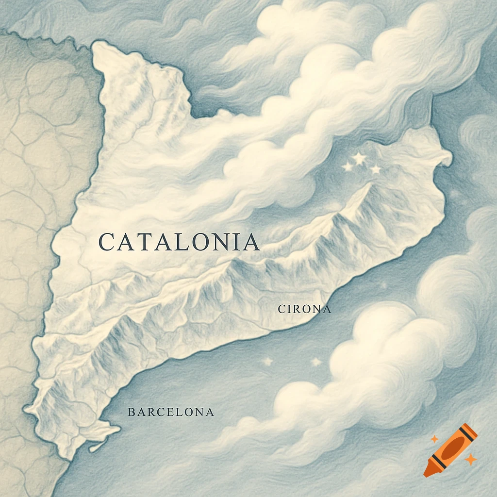 Stylized, hand-drawn map of Catalonia with snow clouds over mountains and a coastline, labeled Catalonia, Barcelona, and Cirona.