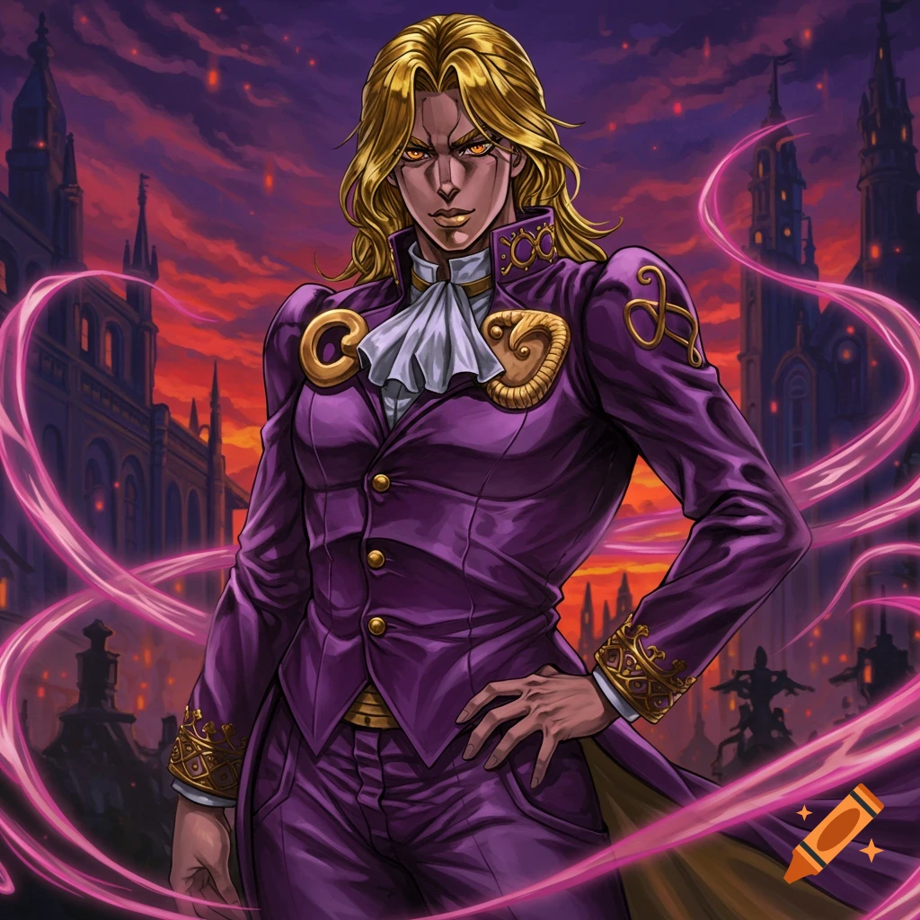A dramatic female character with long blonde hair, glowing eyes, and a purple suit, stands against a gothic cityscape with a red sky.