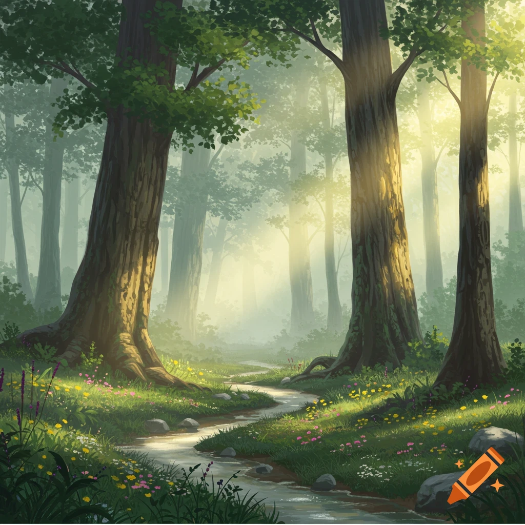 A sun-drenched enchanting forest with tall trees, a winding stream, and vibrant wildflowers. Soft light filters through the canopy.