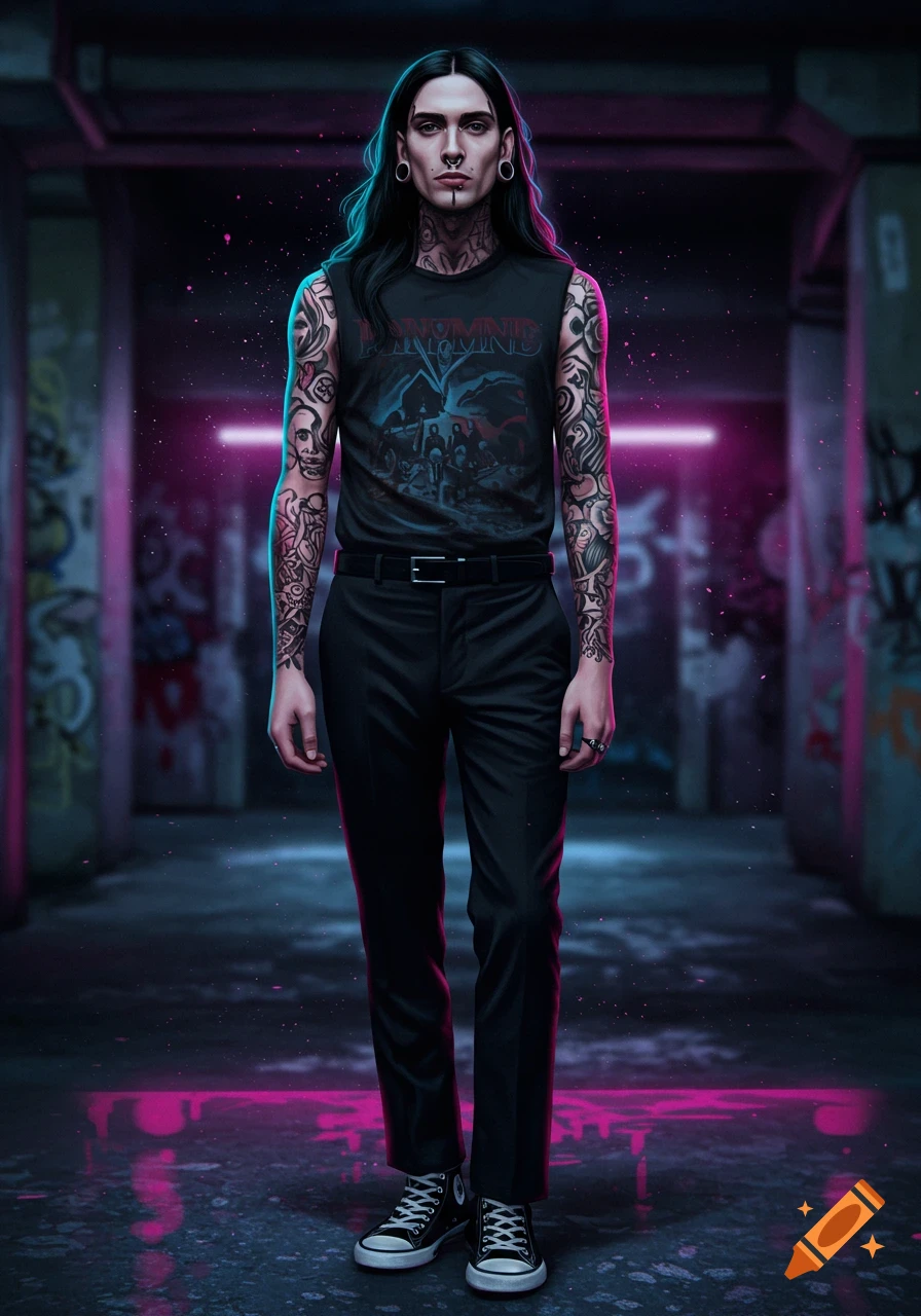 A man with long black hair, tattoos, and piercings, wearing a black sleeveless band shirt, slacks, and Converse, stands in a neon-lit urban setting.