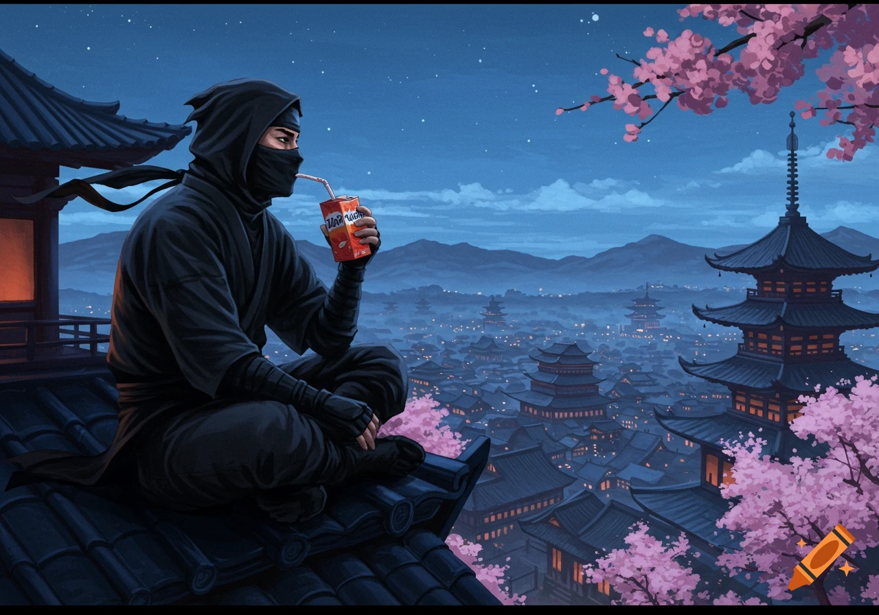 A ninja in a black suit sits on a rooftop, drinking from a juice box, overlooking a sprawling ancient Japanese city under a starry night sky with cherry blossoms.