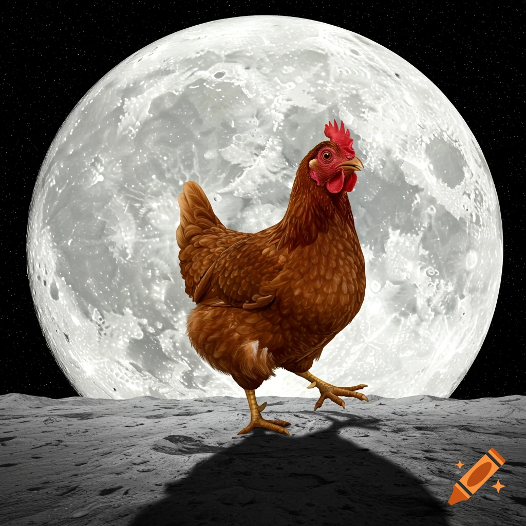 A realistic brown chicken stands on a gray, cratered moon surface with a large, bright full moon in the starry black sky.