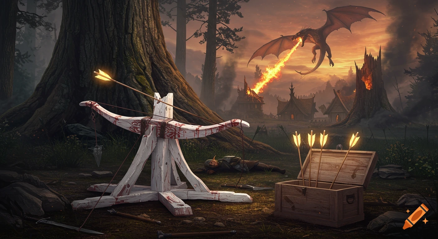 Photorealistic fantasy scene showing a blood-stained ballista with a glowing arrow in the foreground, and a dragon breathing fire on houses in a forest at sunset.