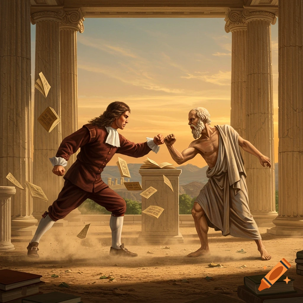 Spinoza and Socrates in a stylized fistfight amidst ancient Greek ruins, with books flying around under a dramatic sunset sky.