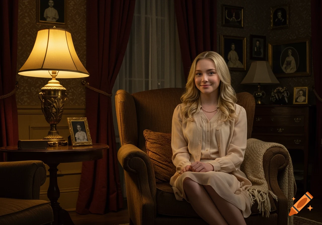 A young blonde woman with a pearl necklace sits smiling in a brown armchair in a dimly lit, traditional room with red curtains and framed portraits.