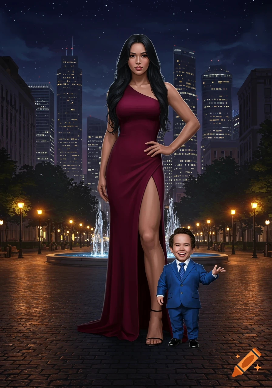 An illustration of a tall woman in a red dress and a short man in a blue suit in a city park at night.