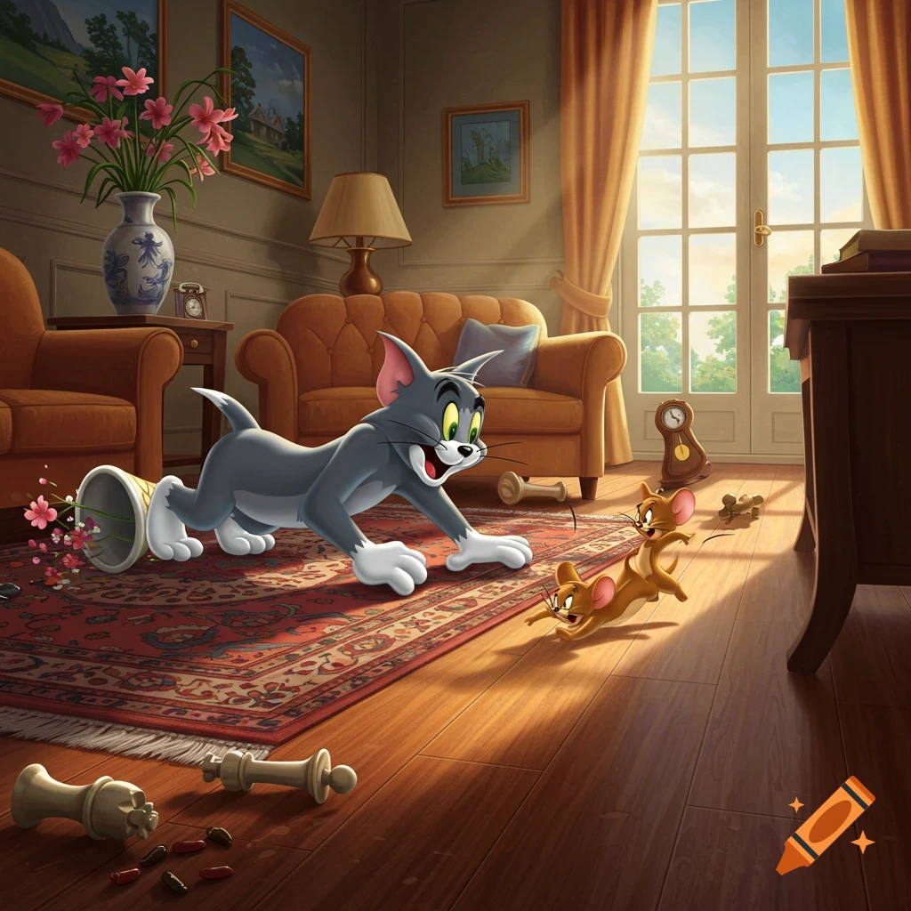 Cartoon cat Tom chases two mice, Jerry and another, through a sunlit living room with an overturned vase.