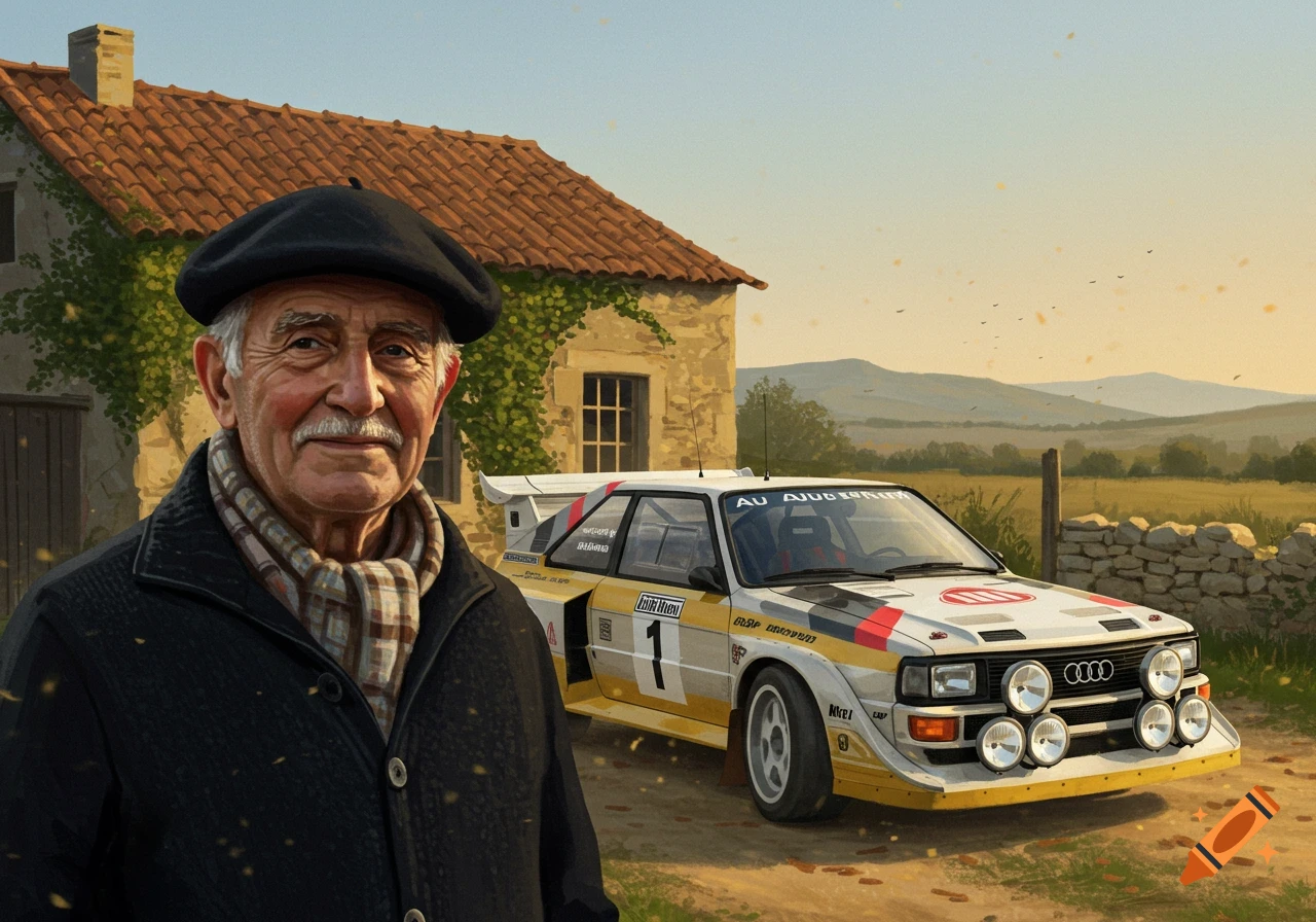An old man in a beret stands by an Audi Quattro A1 Group B rally car near a stone farmhouse.