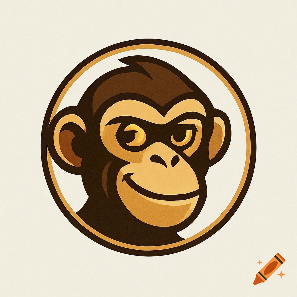 Cartoon monkey head logo, smiling, in brown and tan colors.