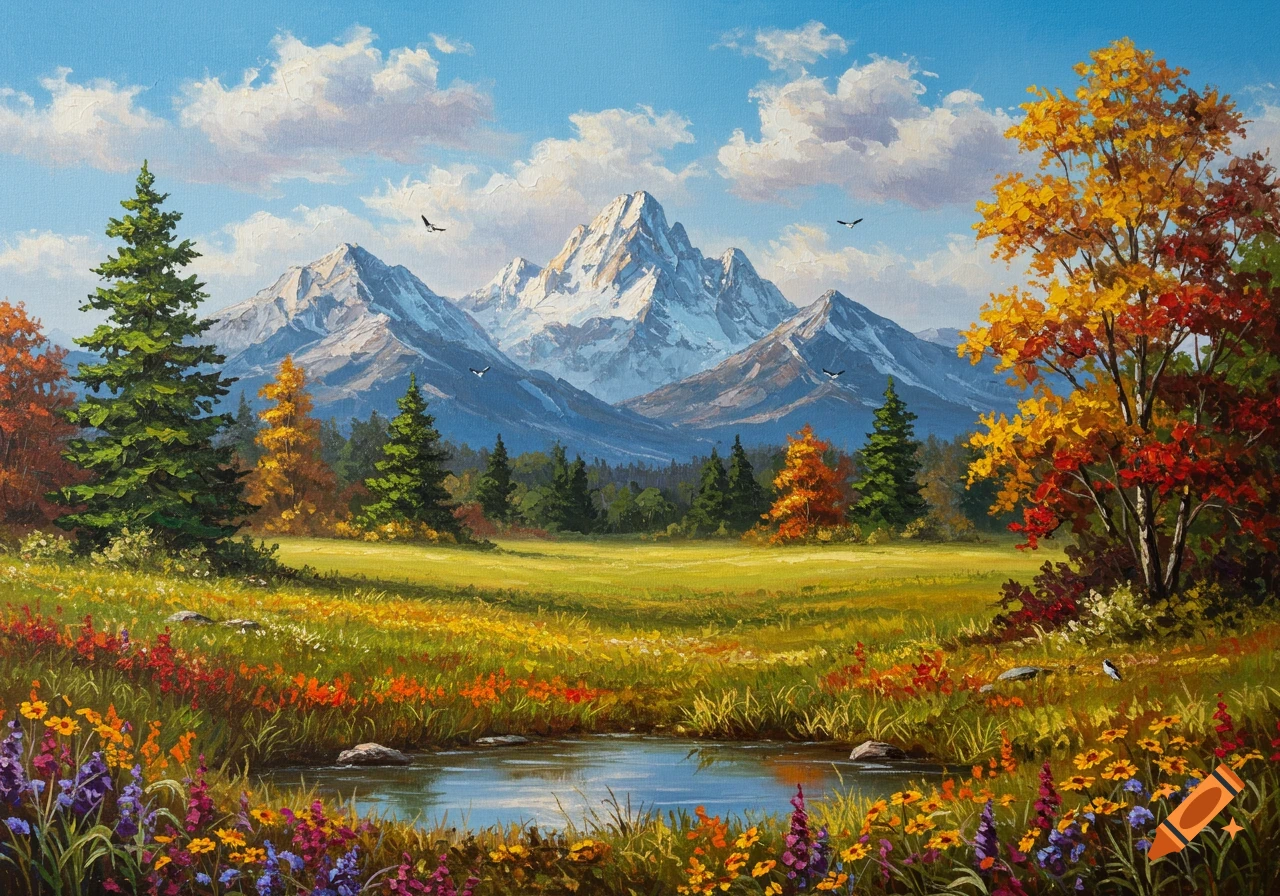Vibrant autumn landscape painting featuring snow-capped mountains, colorful trees, a wildflower meadow, and a small pond under a blue sky.