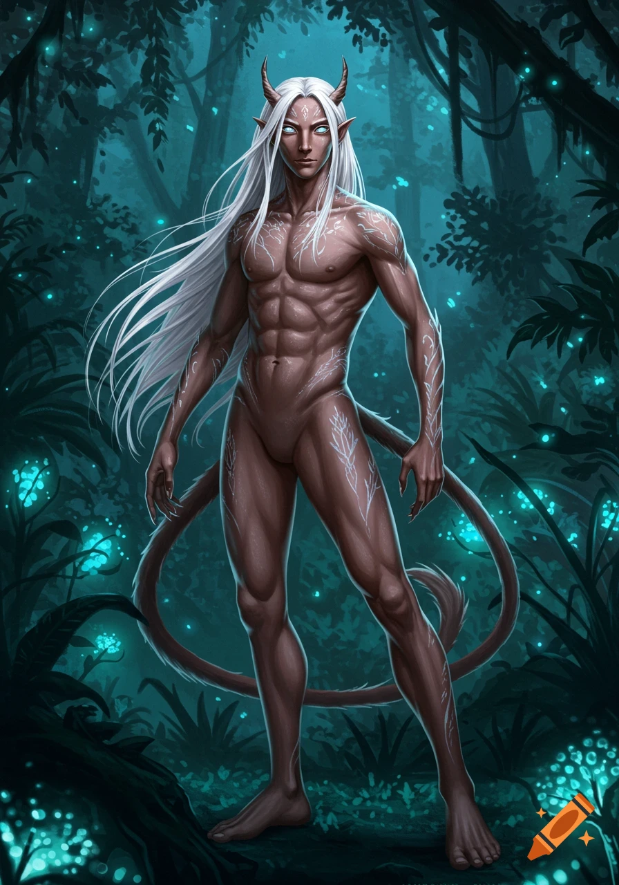 A muscular, white-haired male demon with horns and a tail stands in a glowing, ethereal forest.