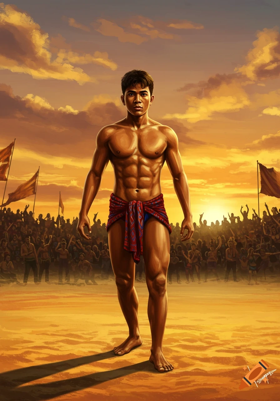 A muscular wrestler in a red and blue sarong stands in a sandy arena before a cheering crowd at sunset, in an illustration.