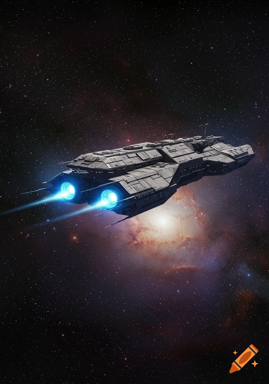 A photorealistic grey spaceship with glowing blue thrusters flies through a starry deep space with a distant nebula.