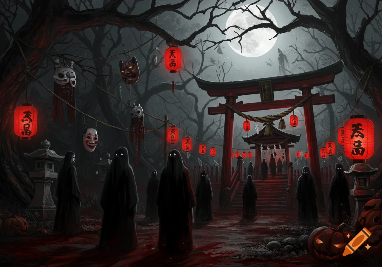 Eerie Junji Ito style illustration of ghostly figures at a Japanese torii gate with red lanterns, masks, and pumpkins under a full moon.
