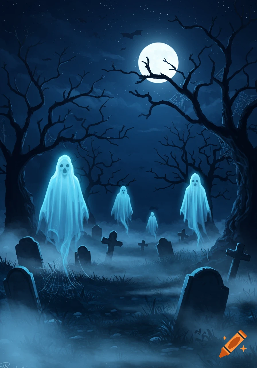 Glowing white ghosts float through a misty cemetery with tombstones and bare trees under a full moon at night, illustrated in a spooky style.