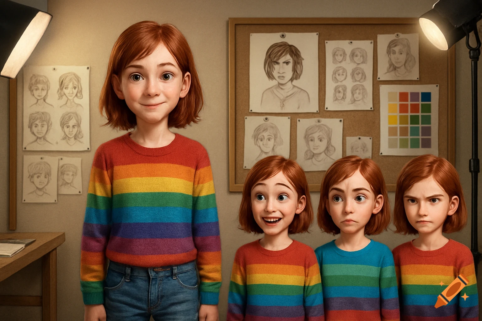 Concept art of a red-haired girl in a rainbow sweater, with smaller versions showing different emotions, next to character sketches and a color palette on a corkboard.