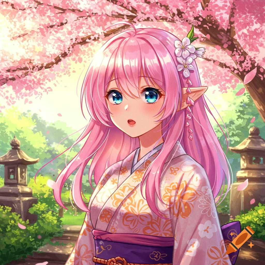 An anime girl with pink hair and elf ears wearing a kimono stands under pink cherry blossoms in a garden.