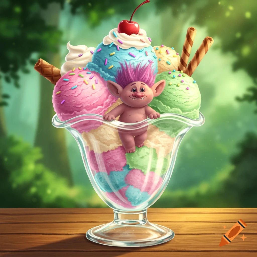 A pink-skinned, pink-haired cartoon troll sits in a colorful ice cream sundae with sprinkles, a cherry, and waffle rolls. Illustration.
