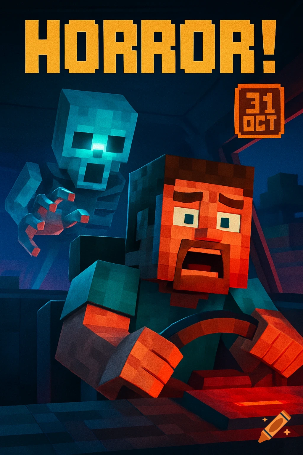A Minecraft-style horror poster featuring a scared man in a car, fleeing a skeleton ghost, with text 'HORROR!' and '31 OCT'.