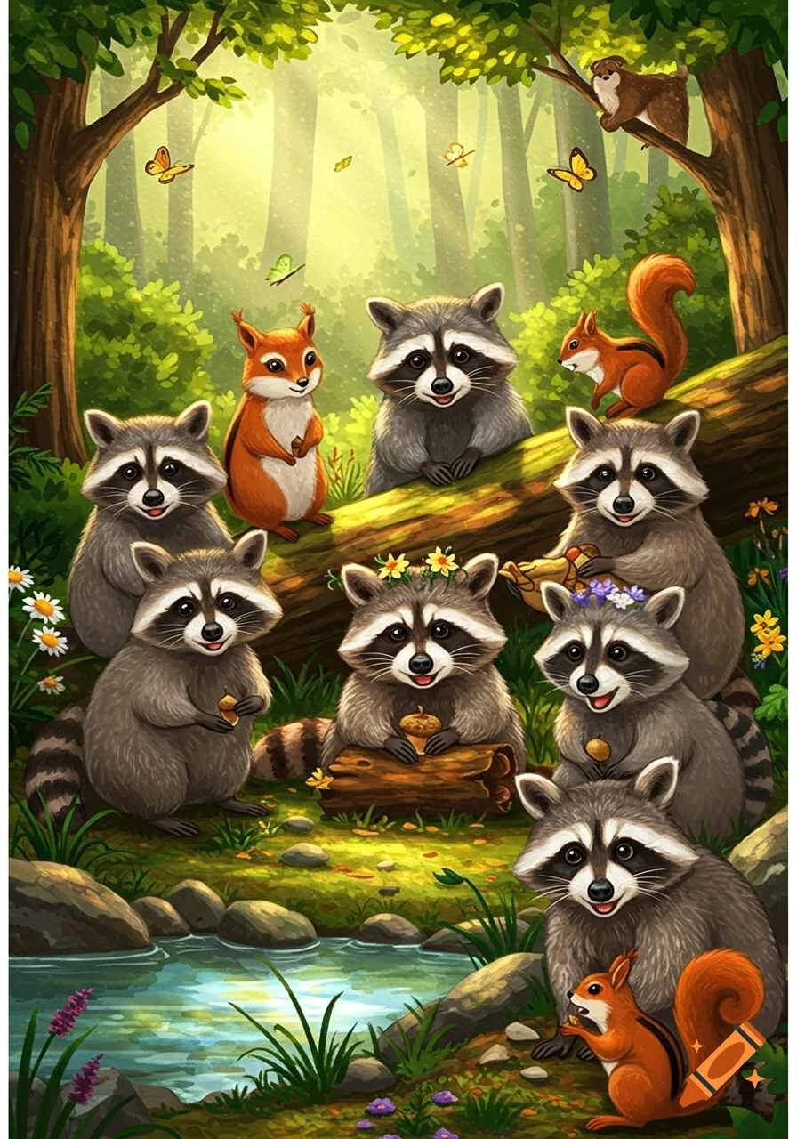 Cartoon illustration of many happy raccoons and squirrels in a lush forest with a stream and butterflies. Some raccoons wear flower crowns.