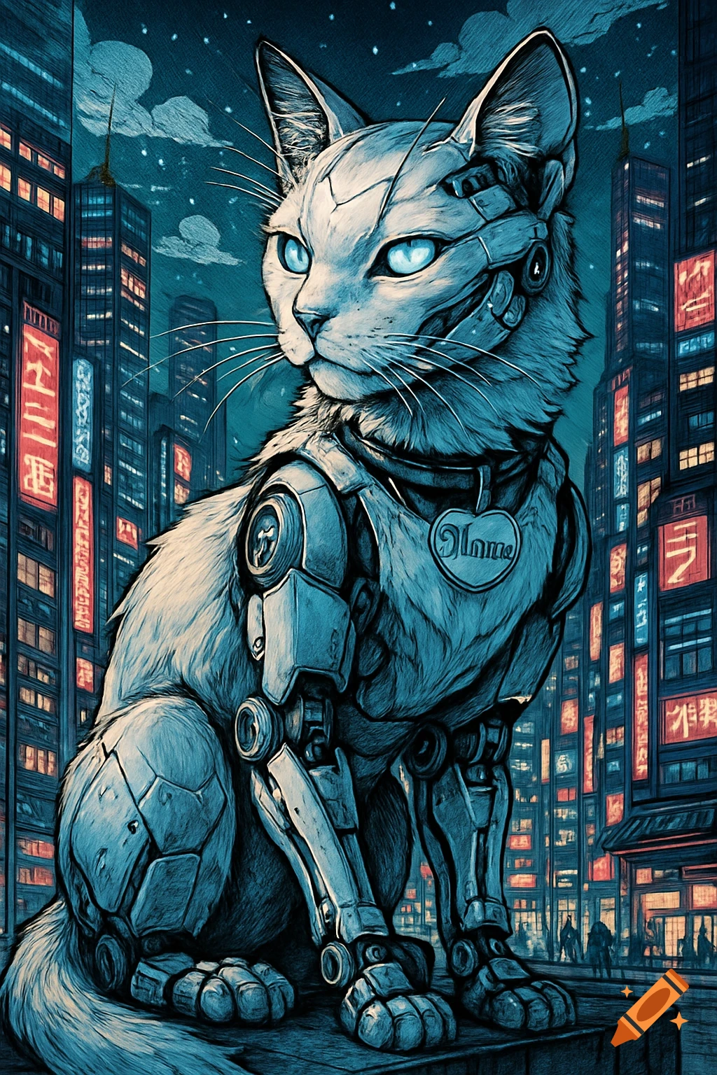 Manga-style illustration of a white cyborg cat with glowing blue eyes, sitting in a neon-lit cyberpunk city at night.