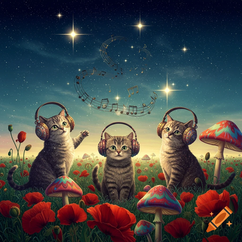 Three cartoon cats with headphones sit in a surreal field of red poppies and colorful mushrooms under a starry night sky with floating music notes.
