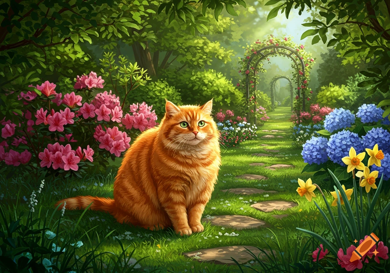 An illustration of a fluffy orange cat sitting in a lush green garden filled with vibrant pink and blue flowers and a stone path.