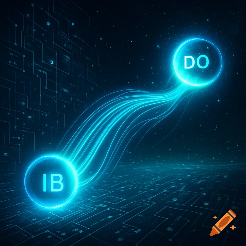 Two glowing blue spheres labeled 'IB' and 'DO' connected by light streams over a circuit board background, illustrating data flow.