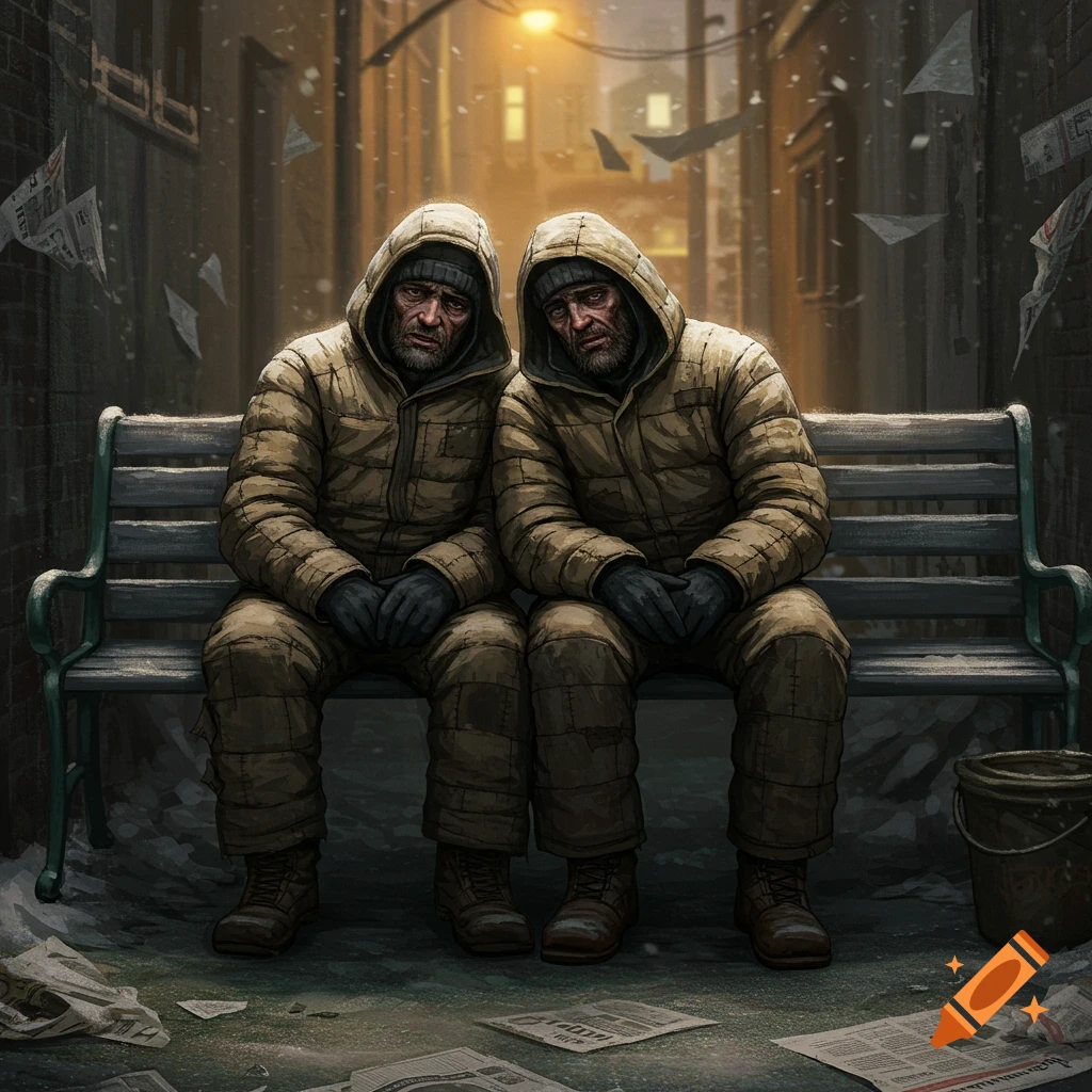 Two disheveled men in insulated hooded jackets sit on a bench in a snowy, dreary urban alley at night.