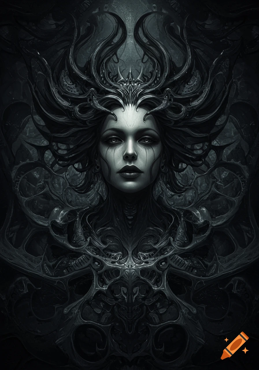 Monochrome portrait of a gothic goddess in H.R. Giger's biomechanical style, with a stern face and dark, organic tendrils.