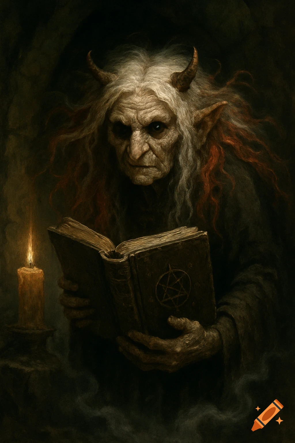 An old horned hag with white and red hair and pale, cracked skin reads a book with a pentagram by candlelight in a dark, painterly style.