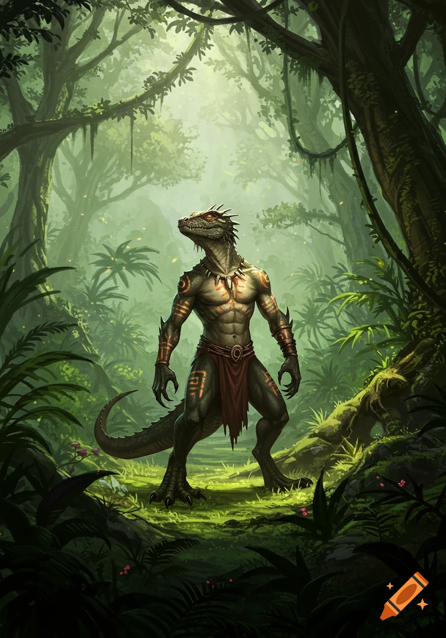 A muscular bipedal lizardman with tribal markings stands in a lush, misty jungle, looking up.