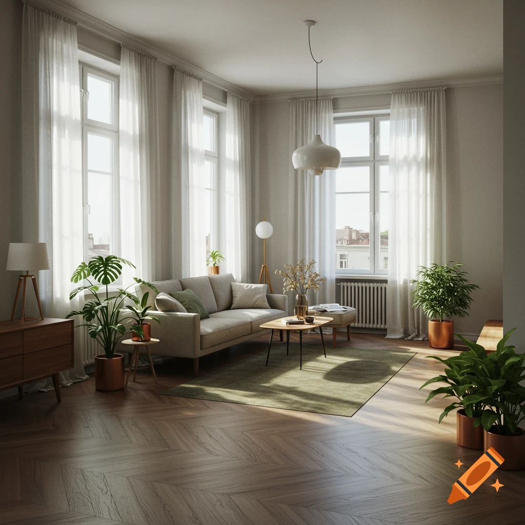 A photorealistic bright living room with a light-colored sofa, various potted plants, a wooden floor, and large windows with sheer curtains.