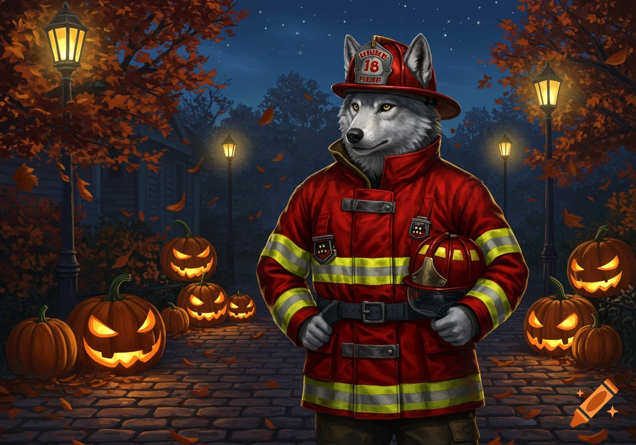 An anthropomorphic wolf fireman stands on a cobblestone path with glowing jack-o'-lanterns and autumn leaves at night. Illustrated style.