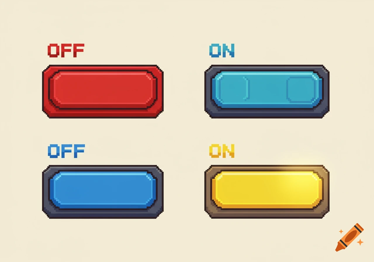 Four pixel art toggle switches in red, blue, and yellow colors, labeled "OFF" and "ON" to indicate states.