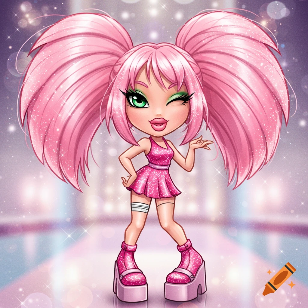 Chibi-style Bratz doll with large pink pigtails, a sparkly pink dress, and platform boots, winking against a glittery background.