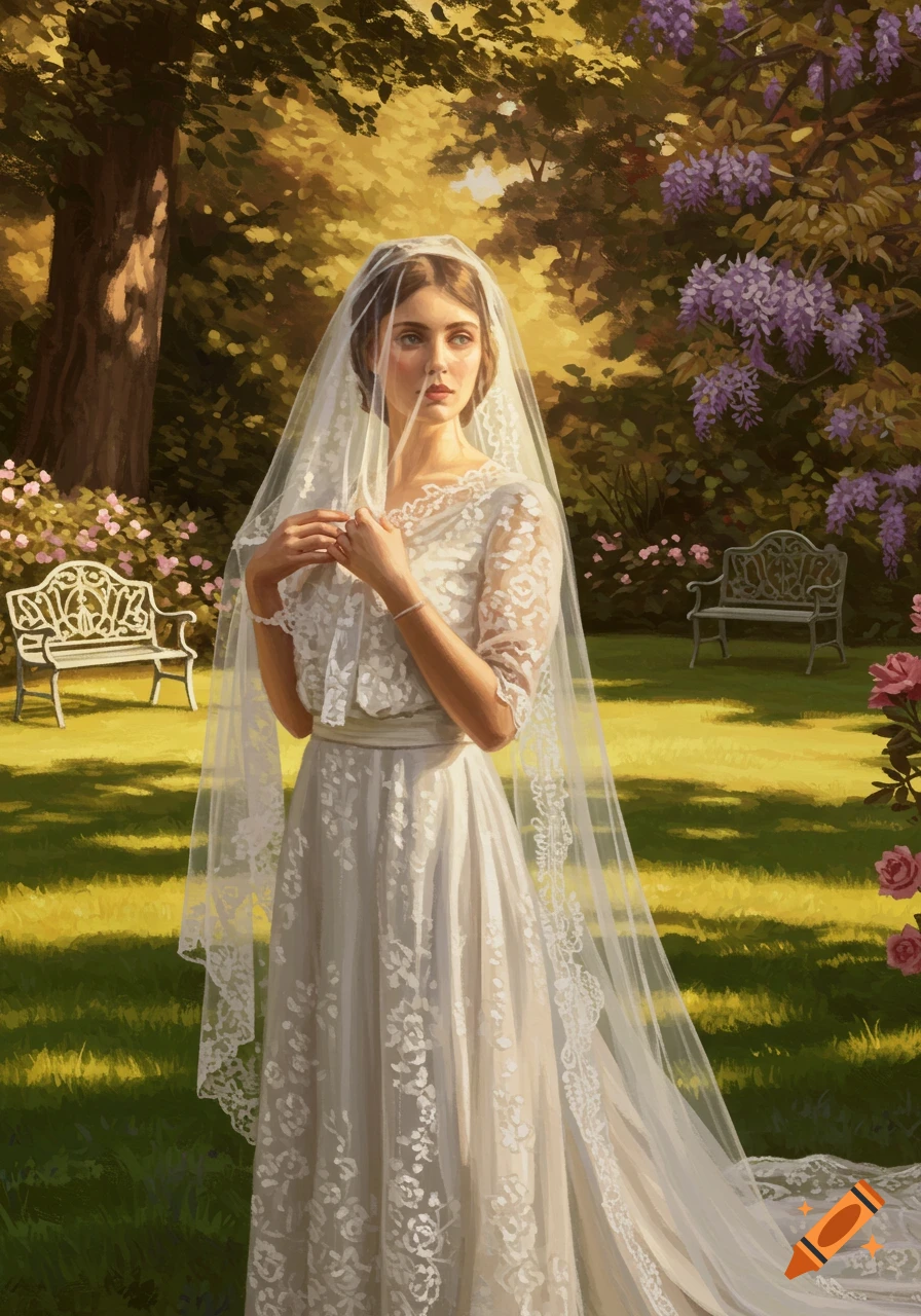 A painting of a veiled bride in a white lace dress standing in a sunlit garden with flowers and benches.