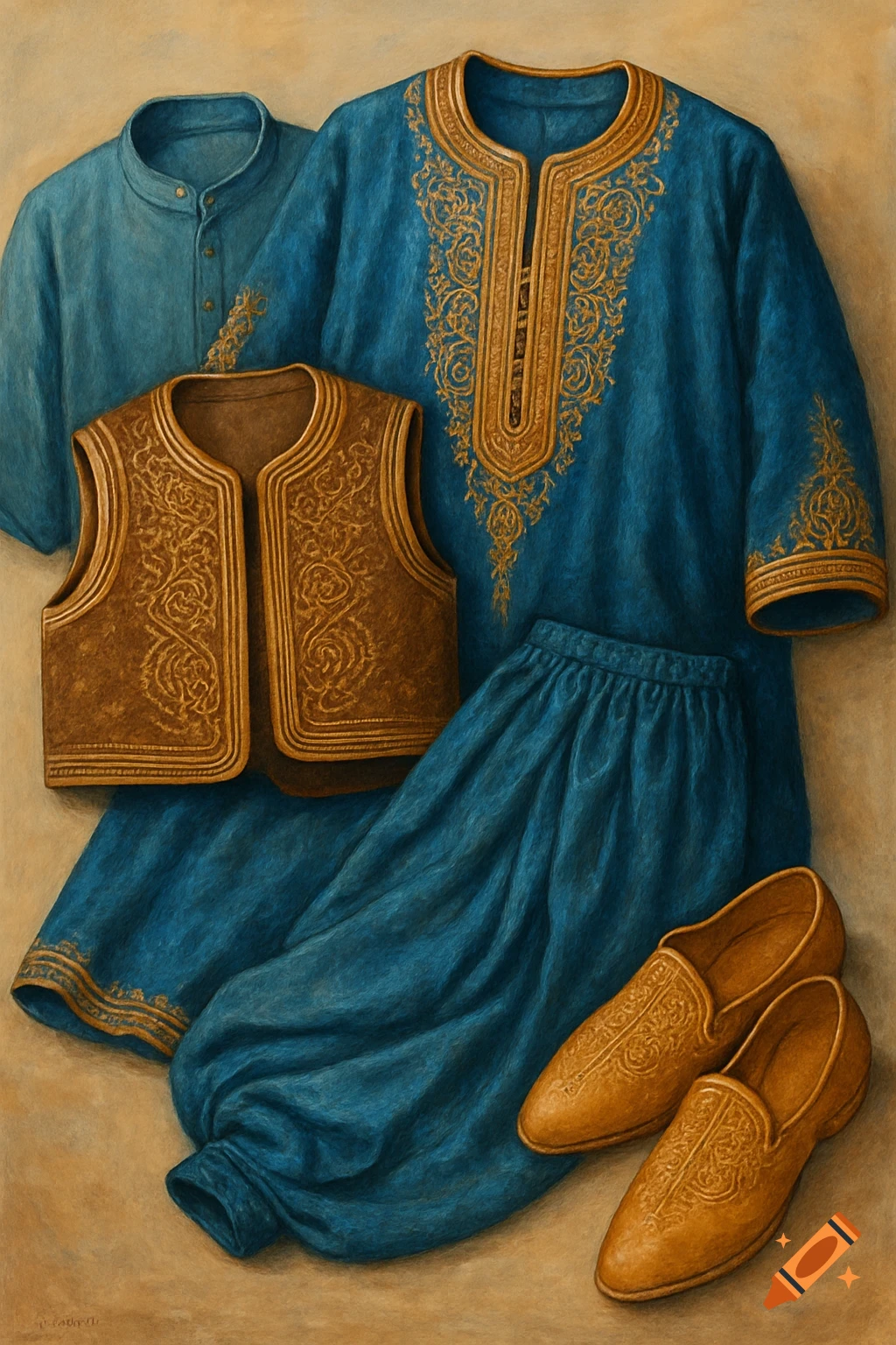 A painted still life of traditional attire, including a blue tunic, matching pants, an embroidered brown vest, and ornate brown leather shoes.