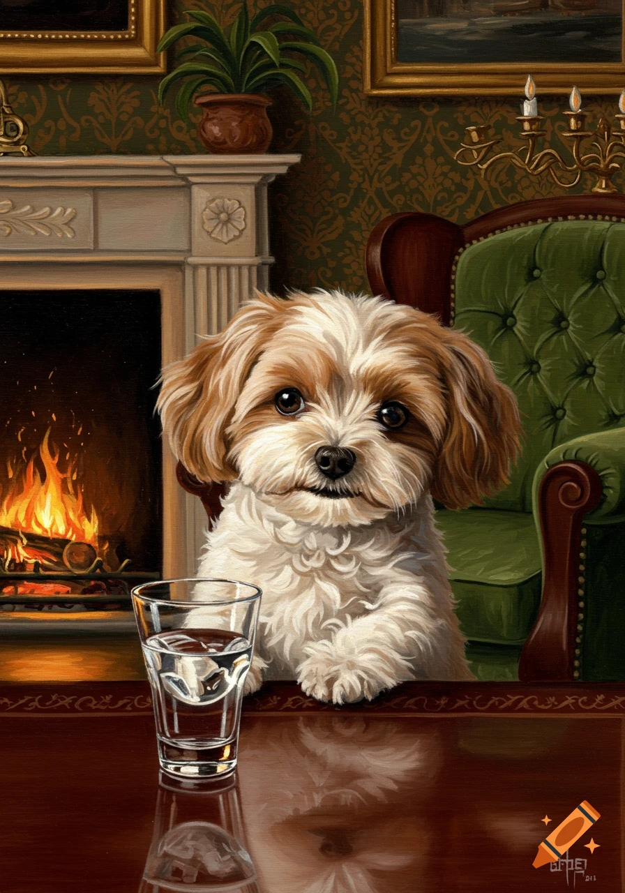 A fluffy Chi-poo dog sits behind a glass on a glossy table in a richly decorated room with a lit fireplace.