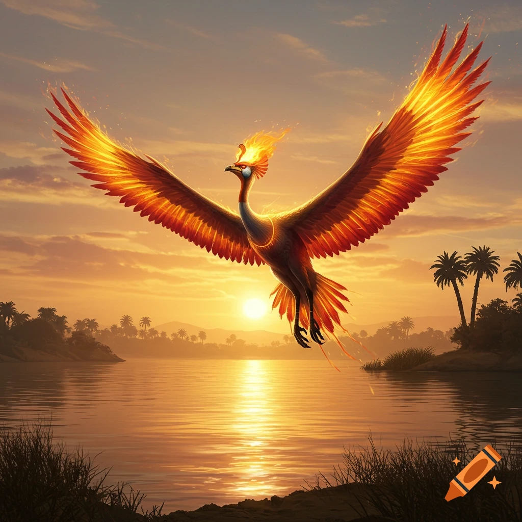 A fiery bennu bird with outstretched wings flies over a reflective lake at sunset, with palm trees on the distant banks.