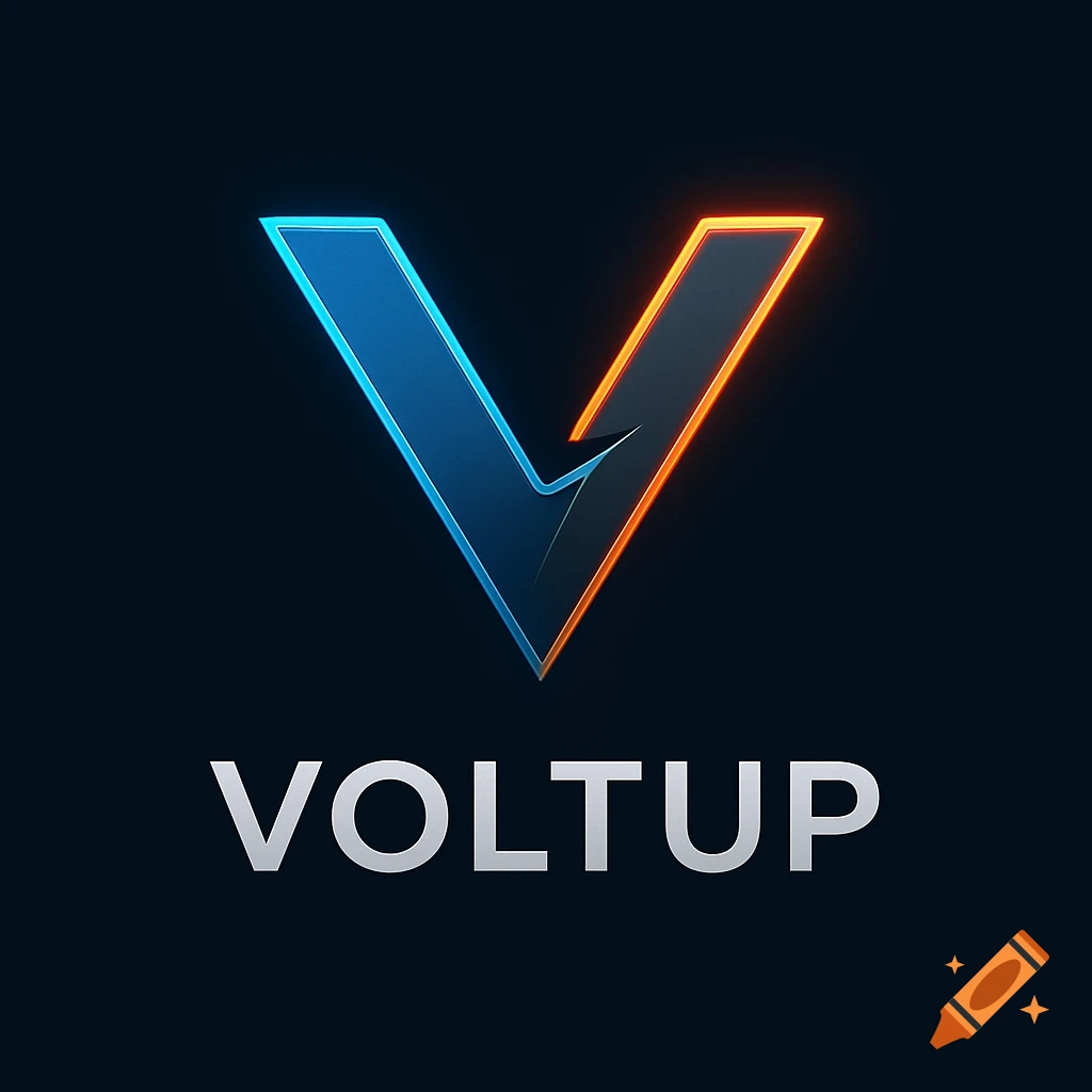 Minimalist professional logo for VoltUp, featuring a stylized letter V in electric blue and neon orange over a dark background.