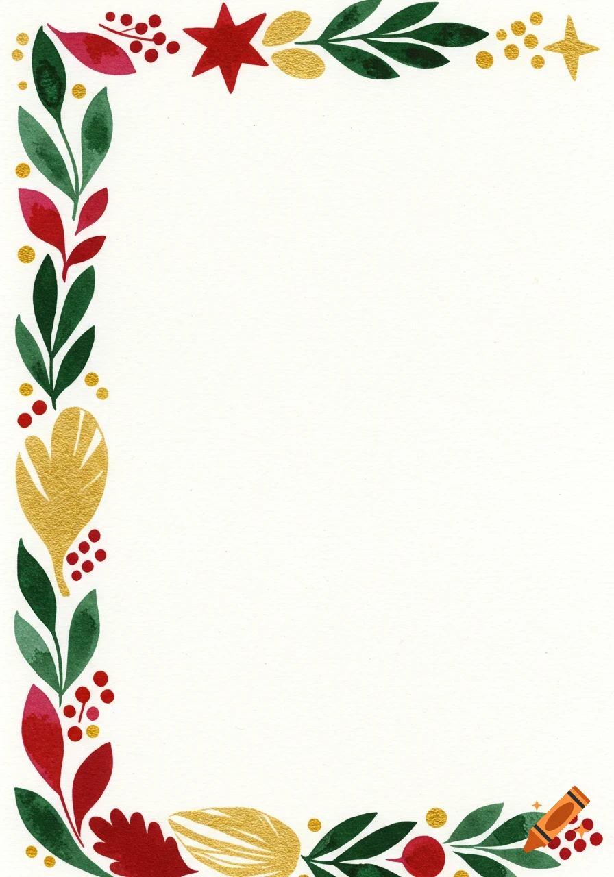 Christmas-themed watercolor border with red, green, and gold abstract leaves, berries, and stars on a white background.