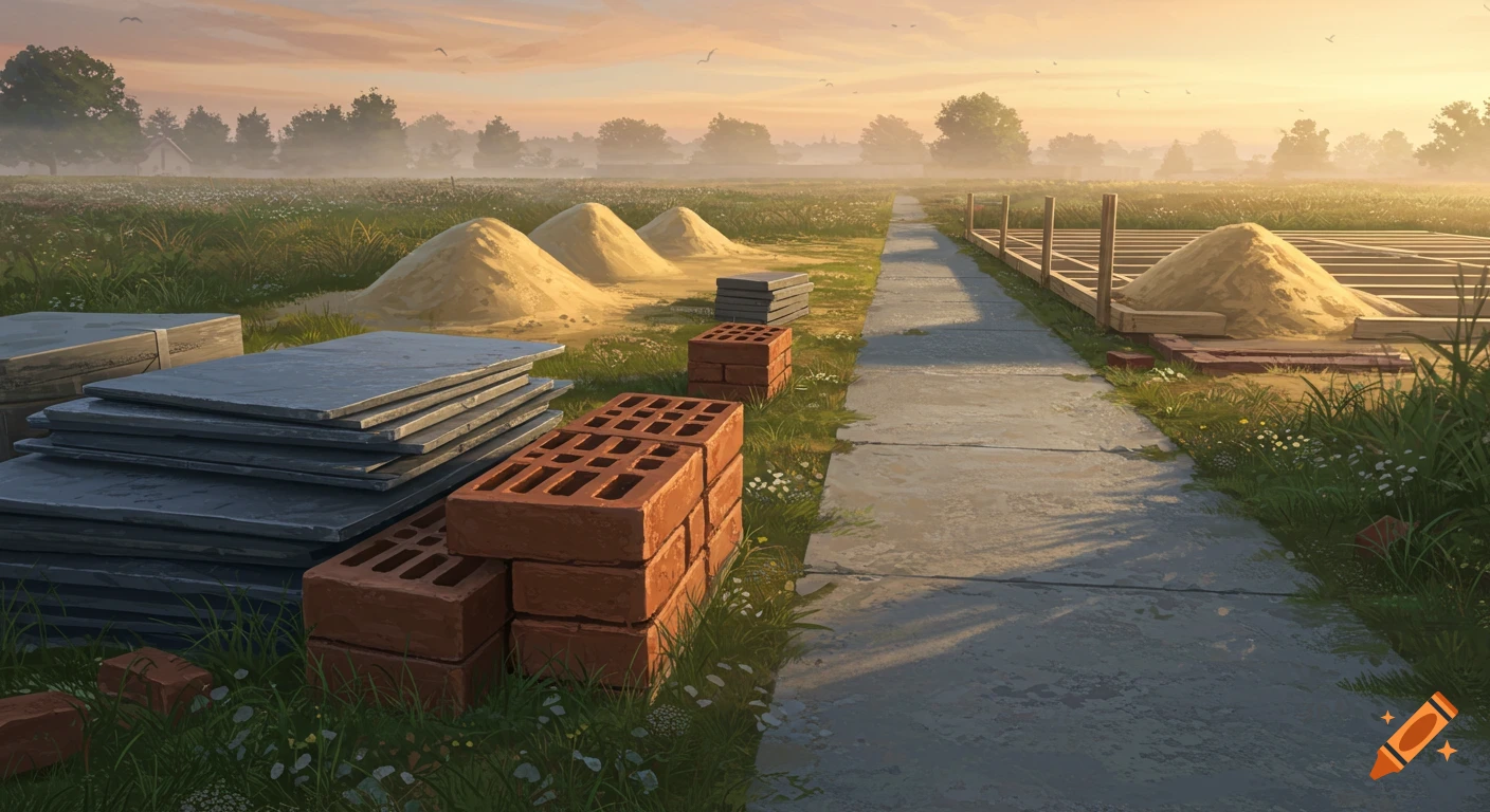 A misty rural landscape at sunrise with construction materials like sand piles, bricks, and stone slabs near a building foundation.